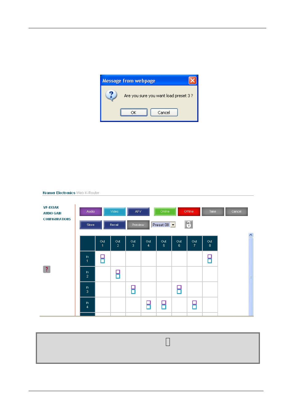 Figure 25: load preset message, Figure 26: recalling a preset in the confirm mode | Kramer Electronics VP-8x8AK User Manual | Page 36 / 57