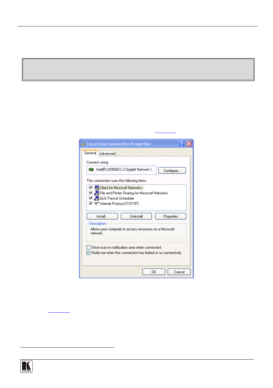 1 connecting the ethernet port directly to a pc, Figure 5: local area connection properties window | Kramer Electronics VP-8x8TP User Manual | Page 17 / 56