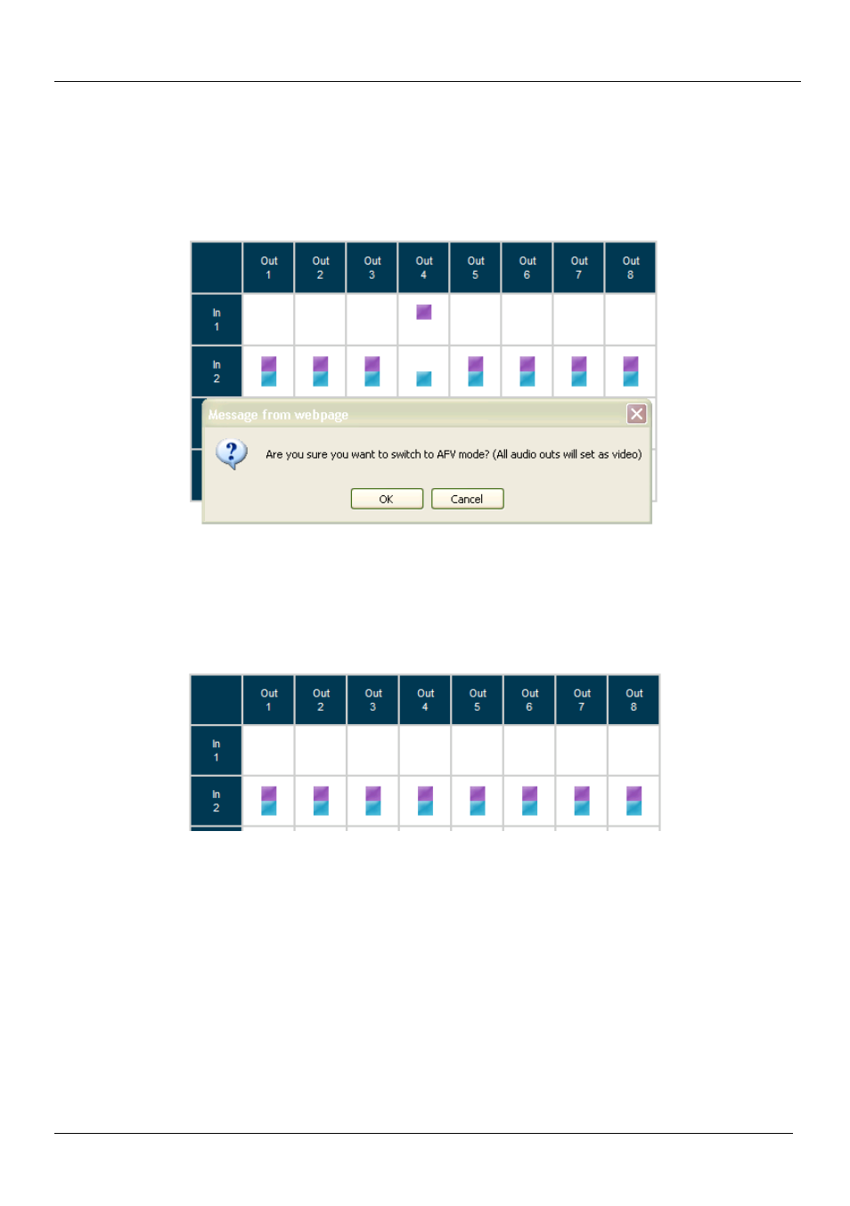 2 setting the afv mode, 3 operating in the offline mode, Setting the afv mode | Operating in the offline mode, Figure 22: afv mode warning, Figure 23: afv mode audio channels switched | Kramer Electronics VP-8x8TP User Manual | Page 32 / 56