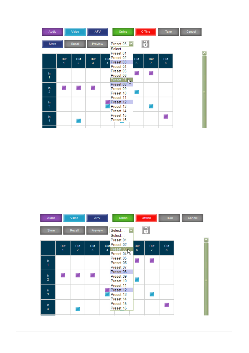 Figure 26: selecting preset 07, Figure 27: selecting preset 03 | Kramer Electronics VP-8x8TP User Manual | Page 34 / 56