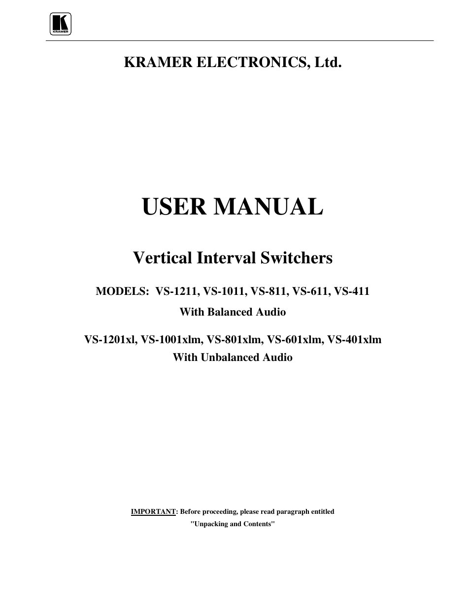 Kramer Electronics VS-801xlm User Manual | 27 pages