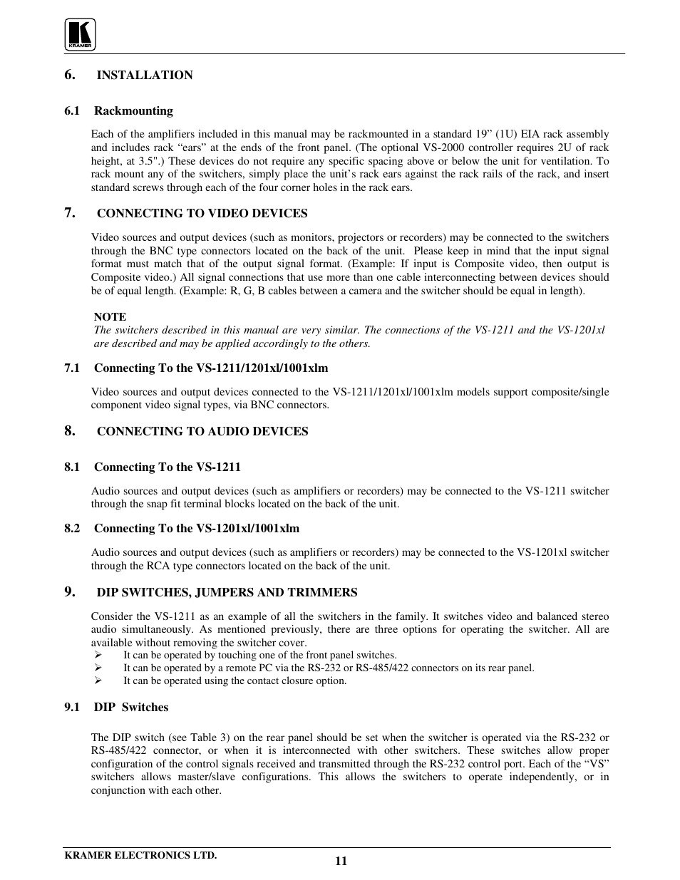 Kramer Electronics VS-801xlm User Manual | Page 12 / 27