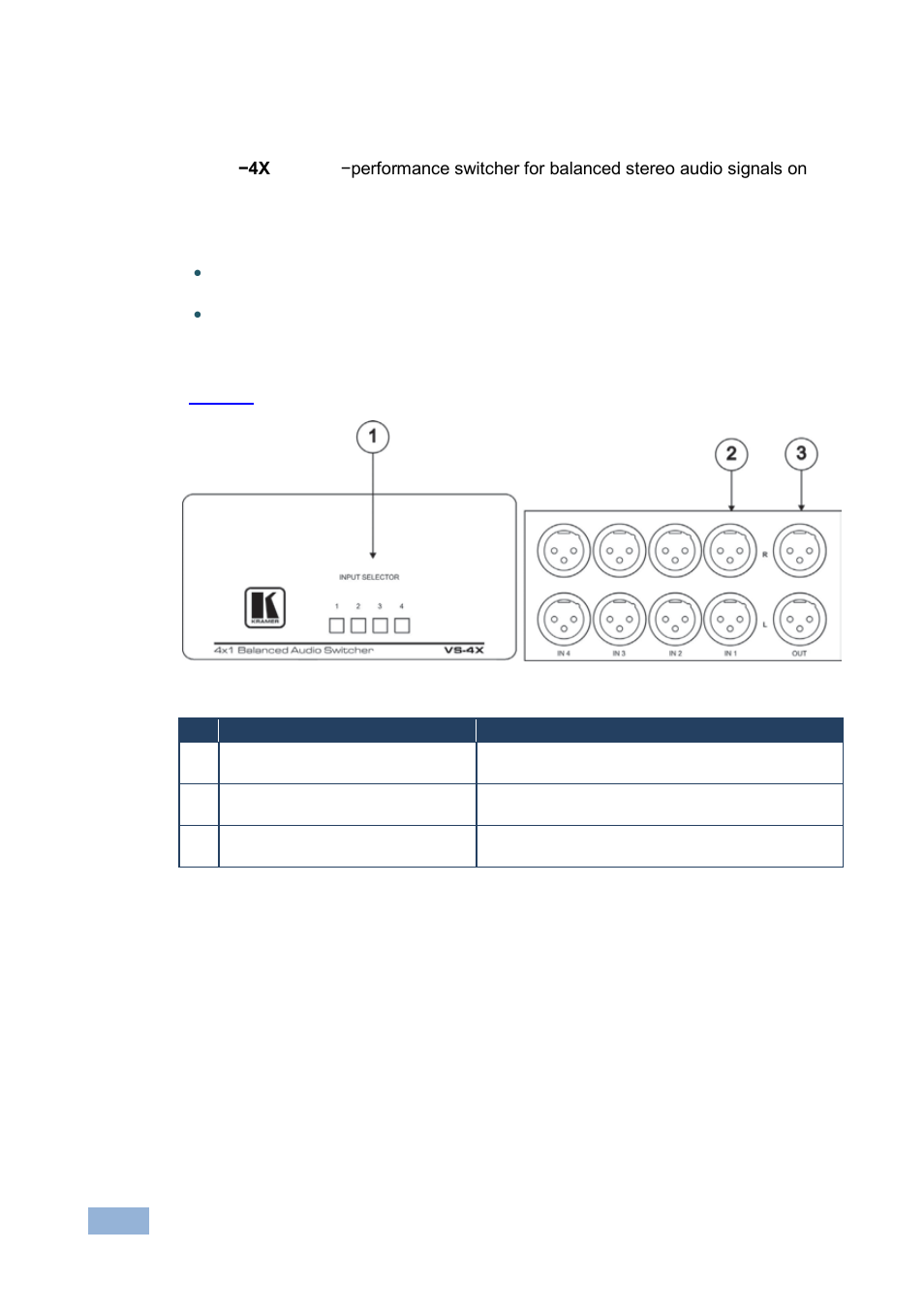 3 defining the vs-4x 4x1 balanced audio switcher, Defining the vs-4x 4x1 balanced audio switcher, Figure 3: vs-4x 4x1 balanced audio switcher | Kramer Electronics VS-4X User Manual | Page 9 / 16