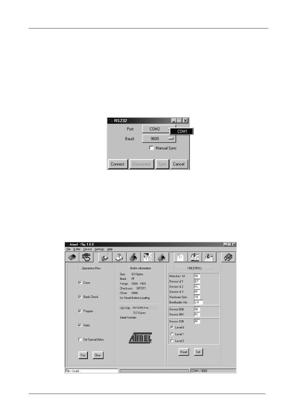 Figure 15: rs-232 window, Figure 16: atmel – flip window (connected) | Kramer Electronics VS-121HC User Manual | Page 25 / 33