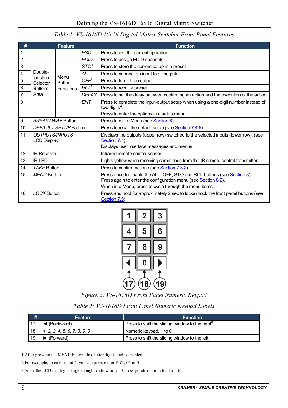 Figure 2: vs-1616d front panel numeric keypad, Table 1, Figure 2 | Table 2 | Kramer Electronics VS-1616D User Manual | Page 12 / 70
