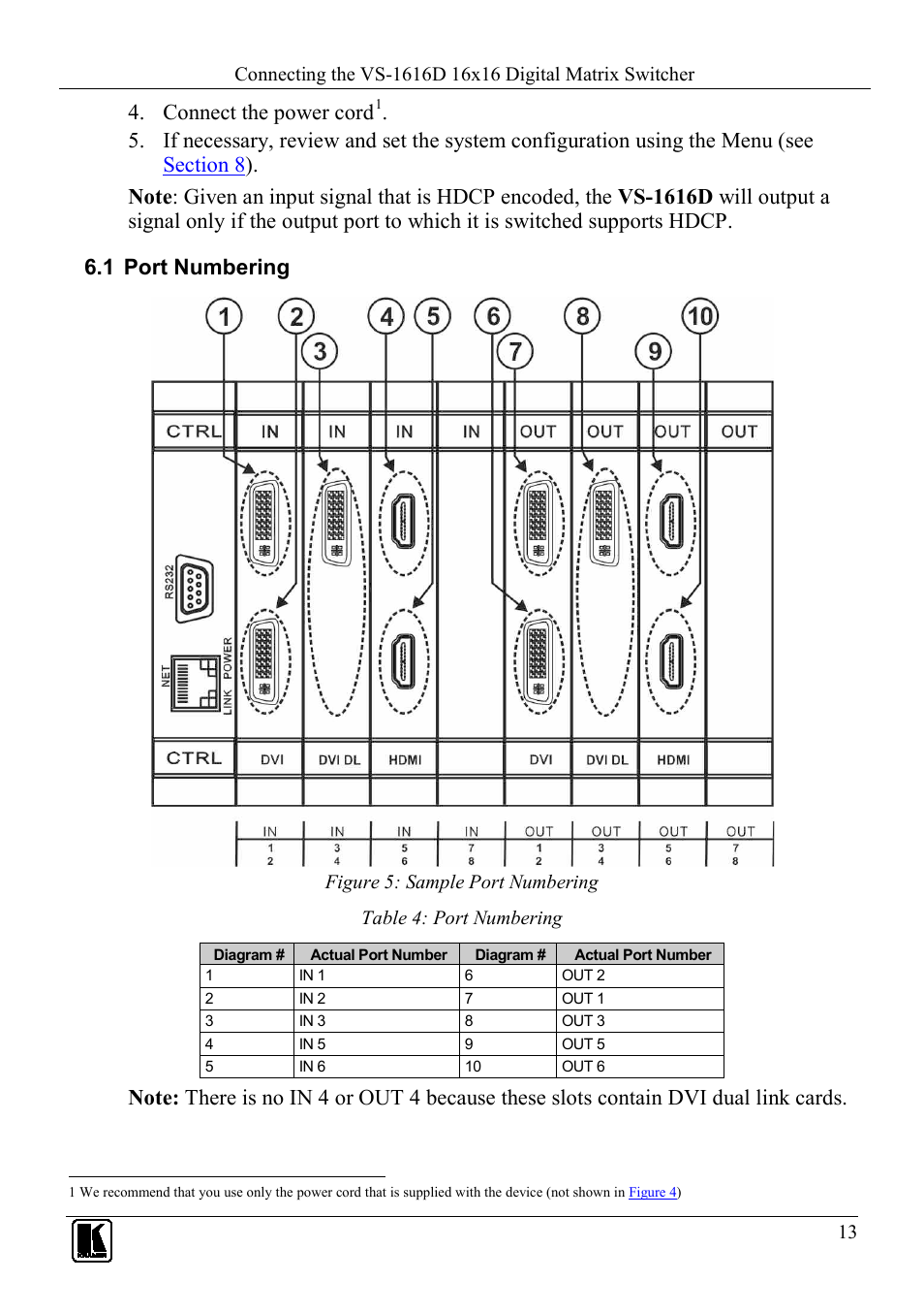 1 port numbering, Port numbering, Figure 5: sample port numbering | Table 4: port numbering, Connect the power cord | Kramer Electronics VS-1616D User Manual | Page 17 / 70