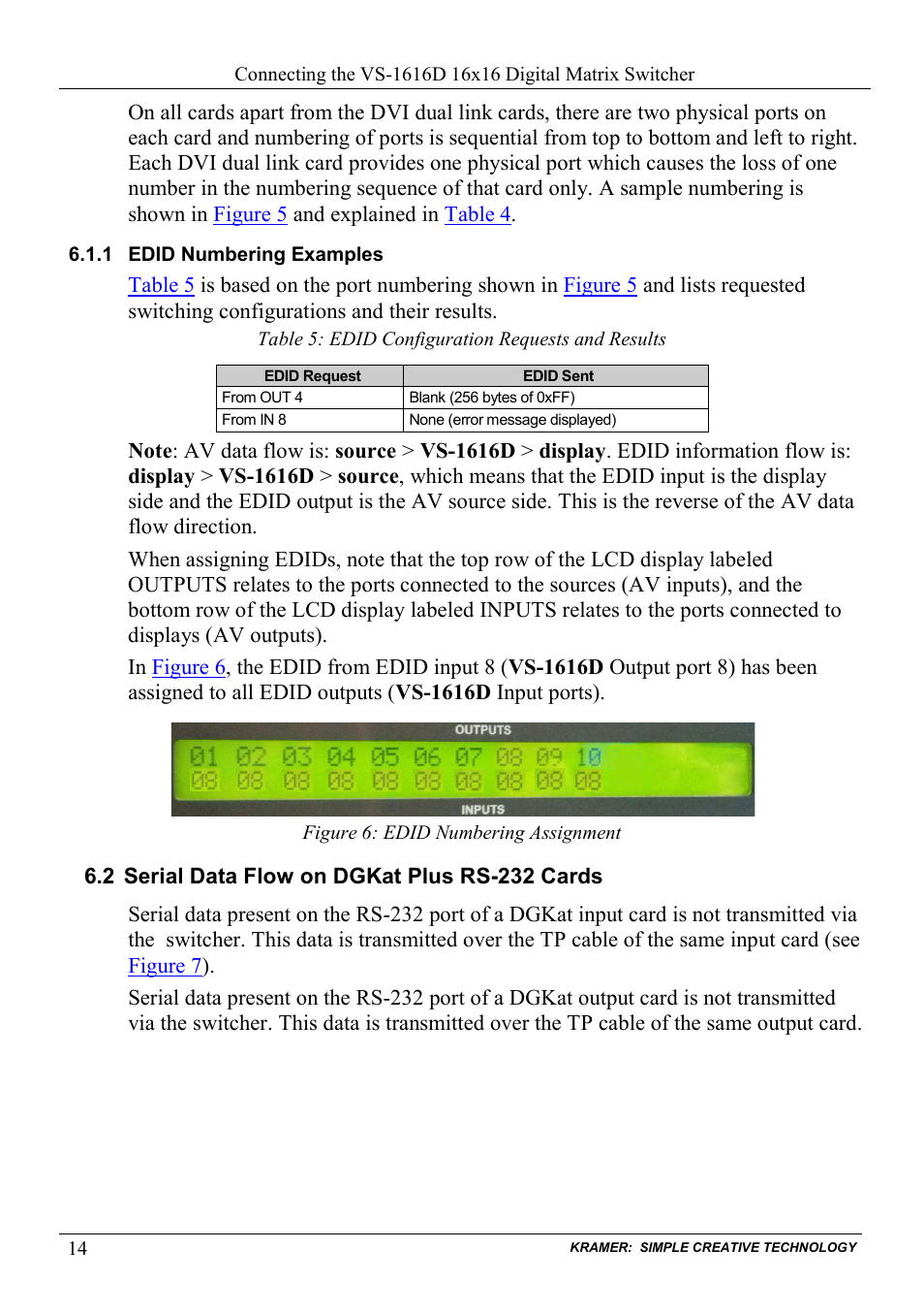 1 edid numbering examples, 2 serial data flow on dgkat plus rs-232 cards, Edid numbering examples | Serial data flow on dgkat plus rs-232 cards, Figure 6: edid numbering assignment, Table 5: edid configuration requests and results | Kramer Electronics VS-1616D User Manual | Page 18 / 70