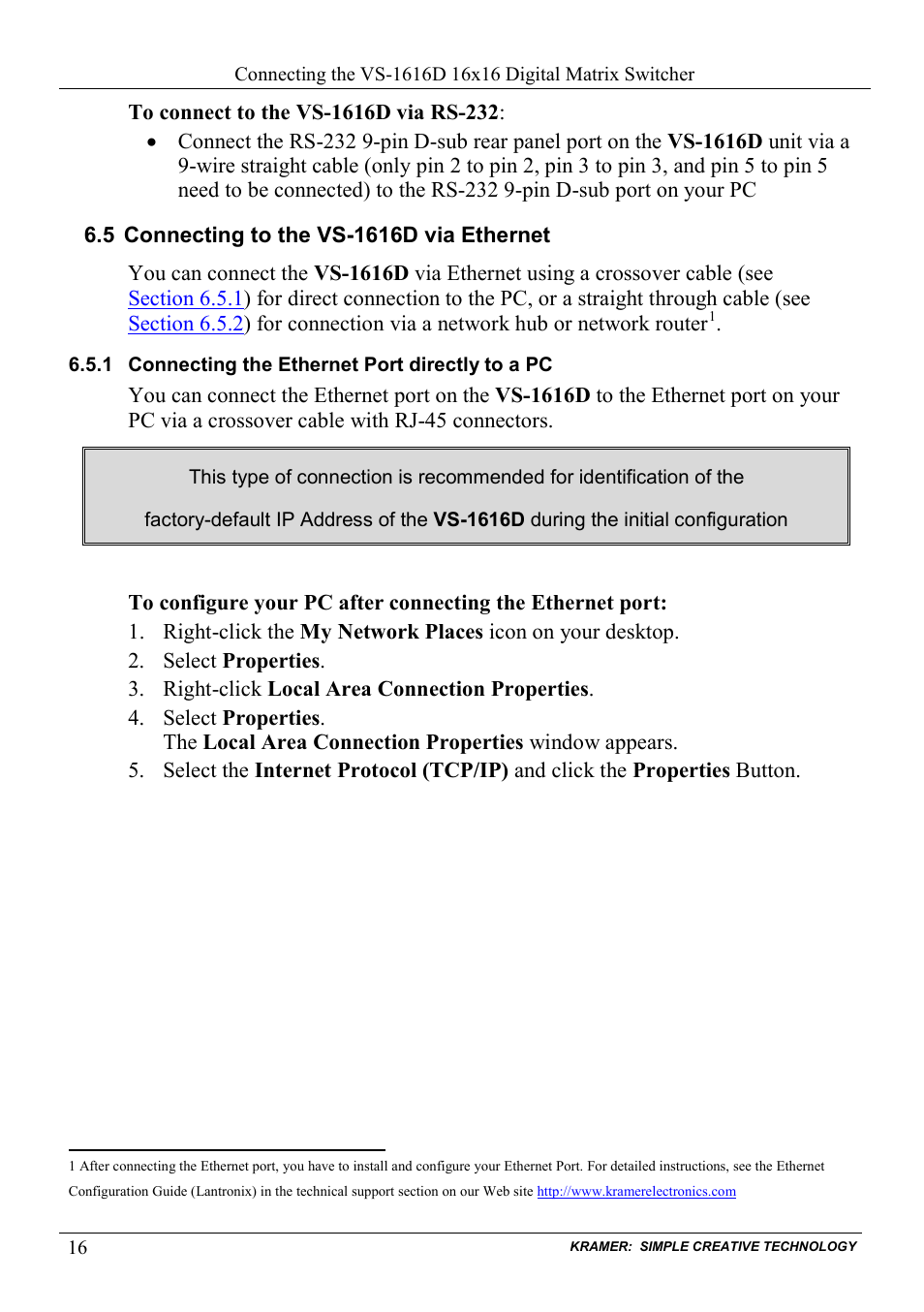 5 connecting to the vs-1616d via ethernet, 1 connecting the ethernet port directly to a pc, Connecting to the vs-1616d via ethernet | Connecting the ethernet port directly to a pc, On 6.5 | Kramer Electronics VS-1616D User Manual | Page 20 / 70