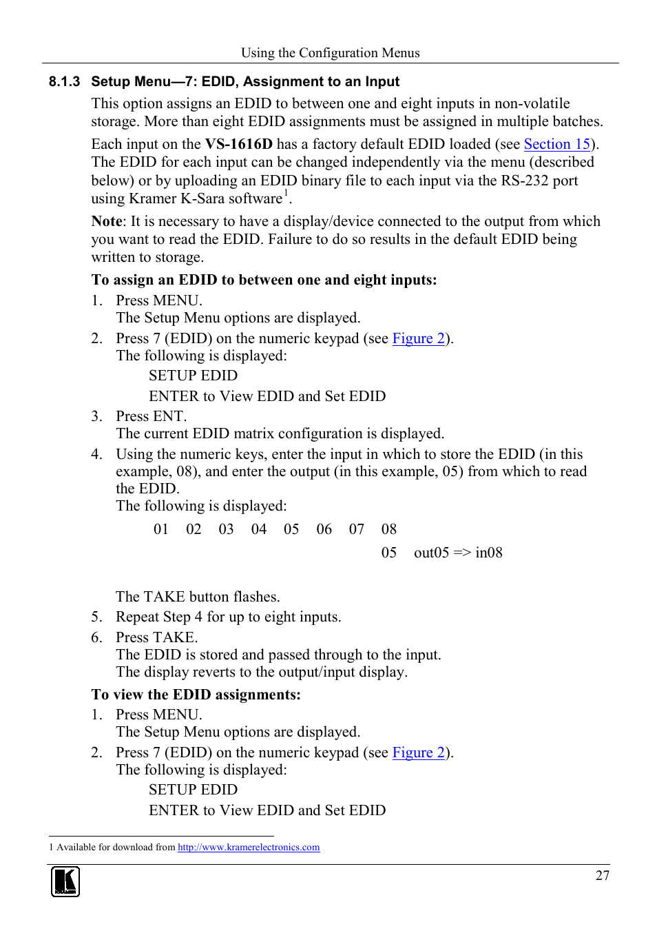 3 setup menu—7: edid, assignment to an input, Setup menu—7: edid, assignment to an input | Kramer Electronics VS-1616D User Manual | Page 31 / 70