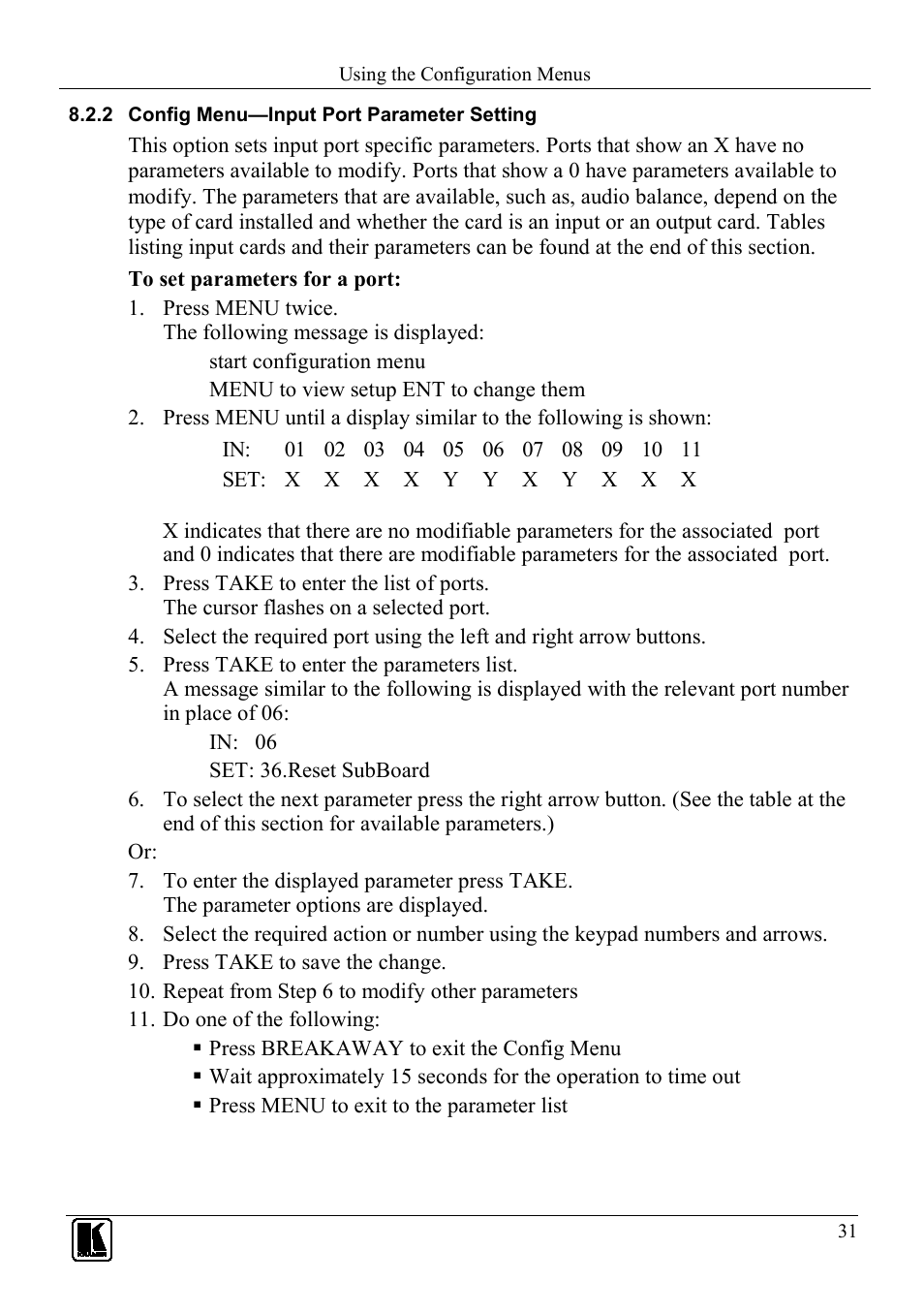 2 config menu—input port parameter setting, Config menu—input port parameter setting | Kramer Electronics VS-1616D User Manual | Page 35 / 70