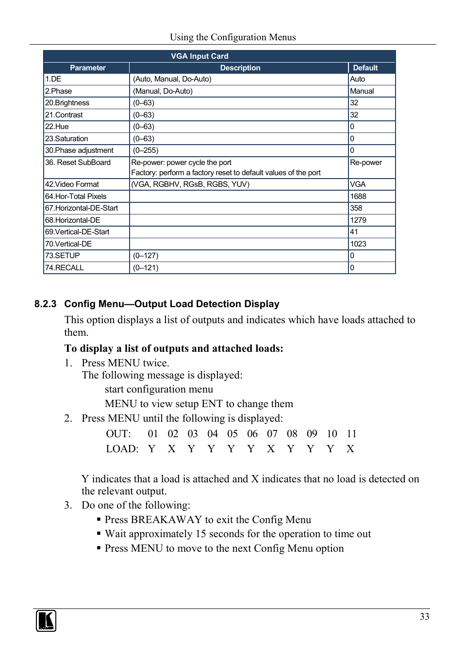 3 config menu—output load detection display, Config menu—output load detection display, Section | Kramer Electronics VS-1616D User Manual | Page 37 / 70