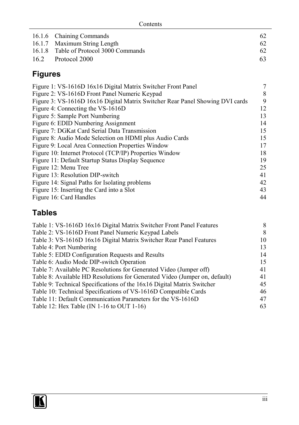 Figures, Tables | Kramer Electronics VS-1616D User Manual | Page 4 / 70