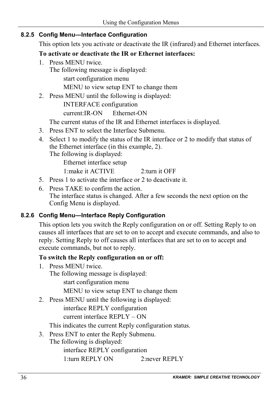 5 config menu—interface configuration, 6 config menu—interface reply configuration, Config menu—interface configuration | Config menu—interface reply configuration, Section | Kramer Electronics VS-1616D User Manual | Page 40 / 70