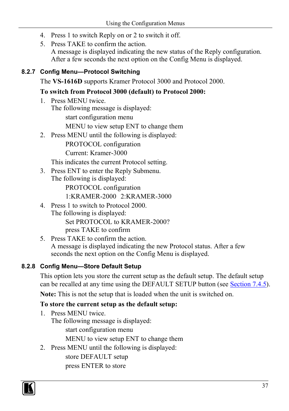7 config menu—protocol switching, 8 config menu—store default setup, Config menu—protocol switching | Config menu—store default setup | Kramer Electronics VS-1616D User Manual | Page 41 / 70