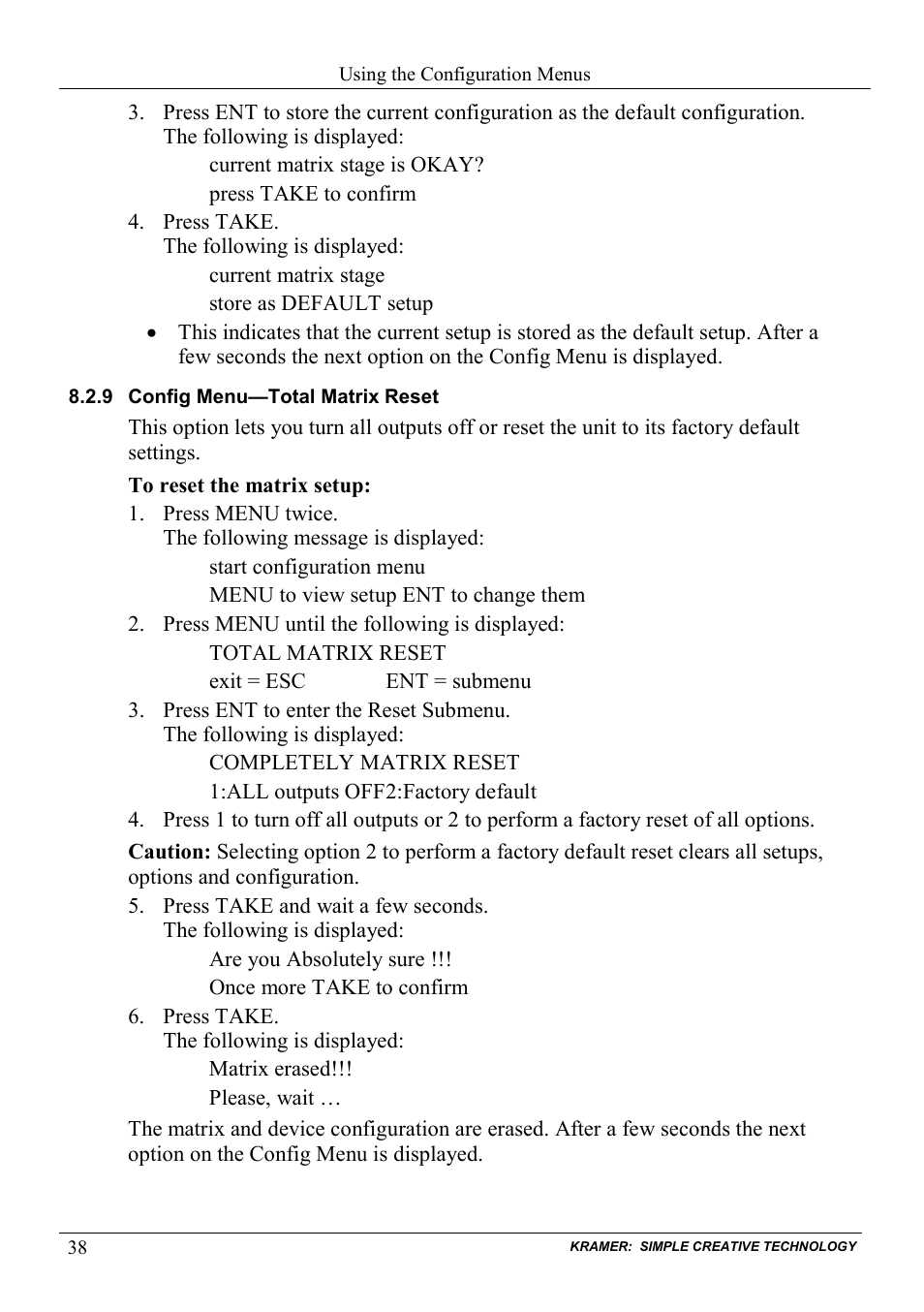 9 config menu—total matrix reset, Config menu—total matrix reset | Kramer Electronics VS-1616D User Manual | Page 42 / 70