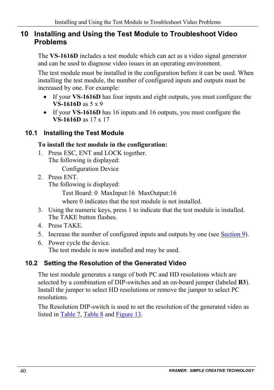 1 installing the test module, 2 setting the resolution of the generated video, Installing the test module | Setting the resolution of the generated video, On 10, N 10.2 | Kramer Electronics VS-1616D User Manual | Page 44 / 70