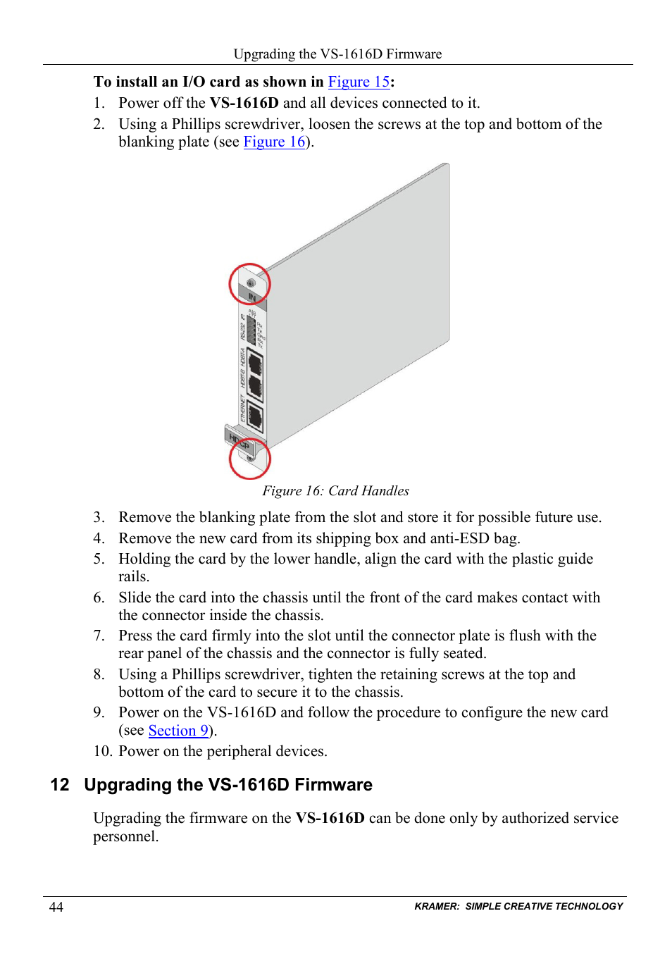 12 upgrading the vs-1616d firmware, Upgrading the vs-1616d firmware, Figure 16: card handles | Kramer Electronics VS-1616D User Manual | Page 48 / 70