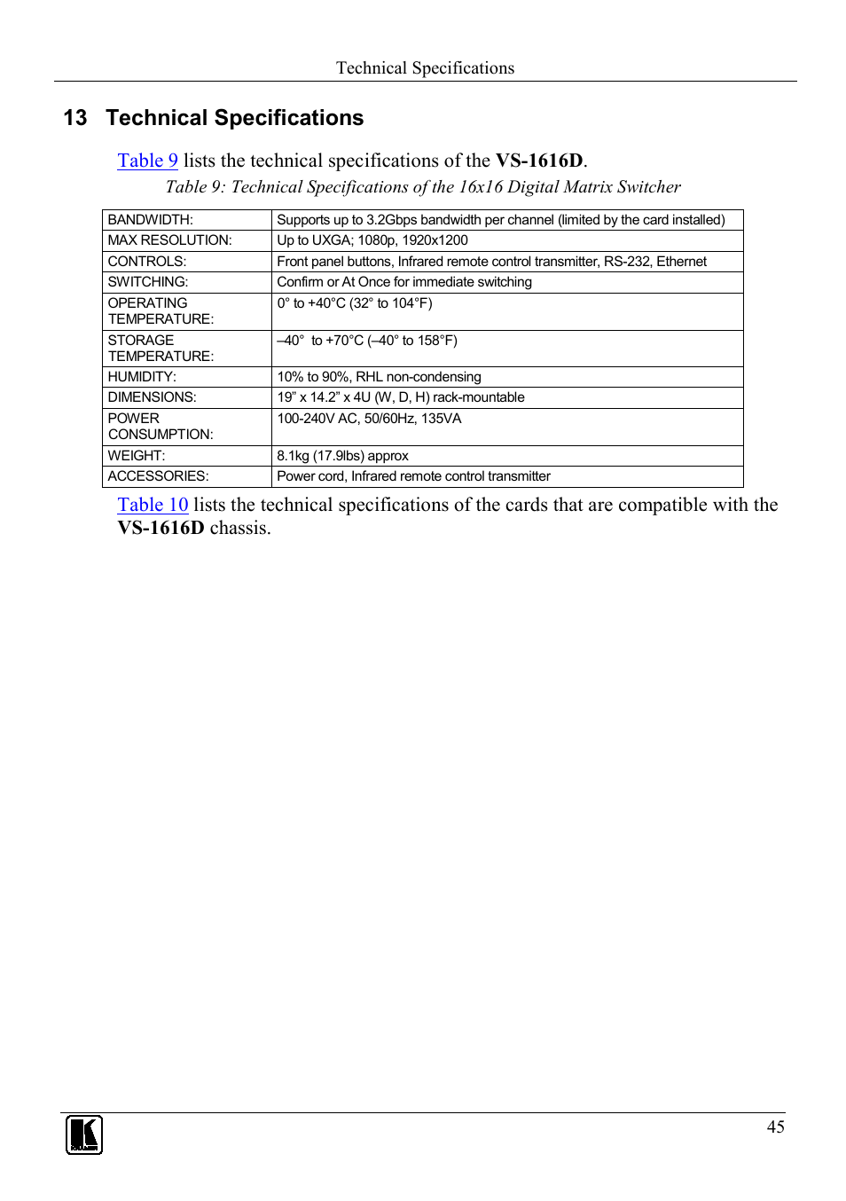 13 technical specifications, Technical specifications, Ection 13 | Kramer Electronics VS-1616D User Manual | Page 49 / 70