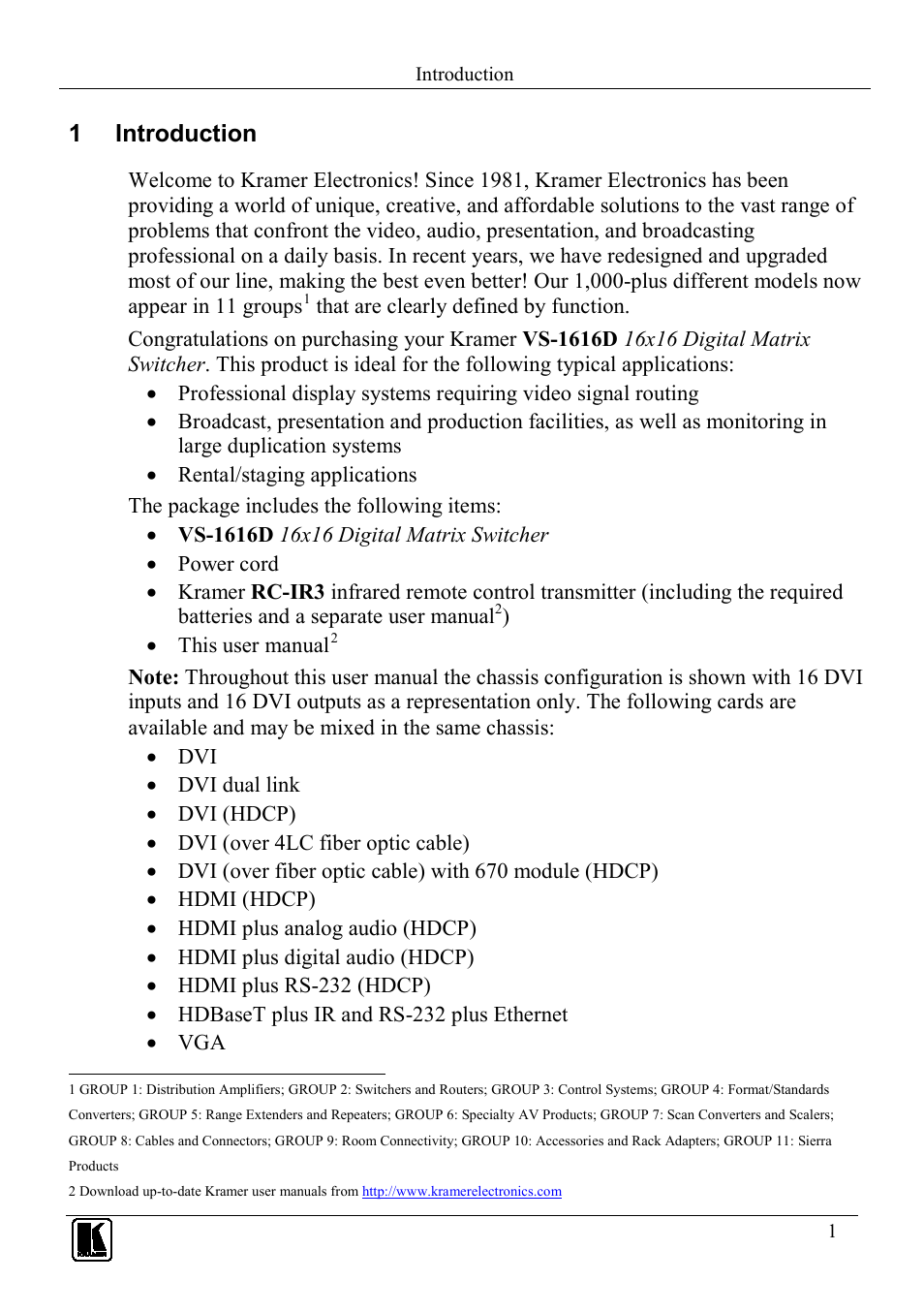1 introduction, Introduction | Kramer Electronics VS-1616D User Manual | Page 5 / 70