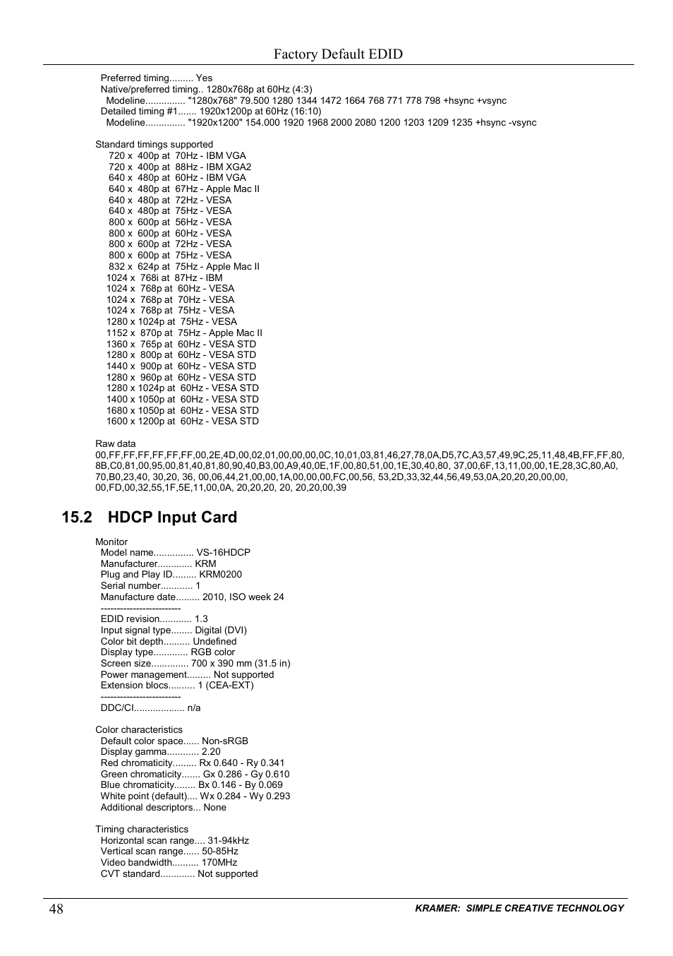 2 hdcp input card, Hdcp input card, Factory default edid | Kramer Electronics VS-1616D User Manual | Page 52 / 70