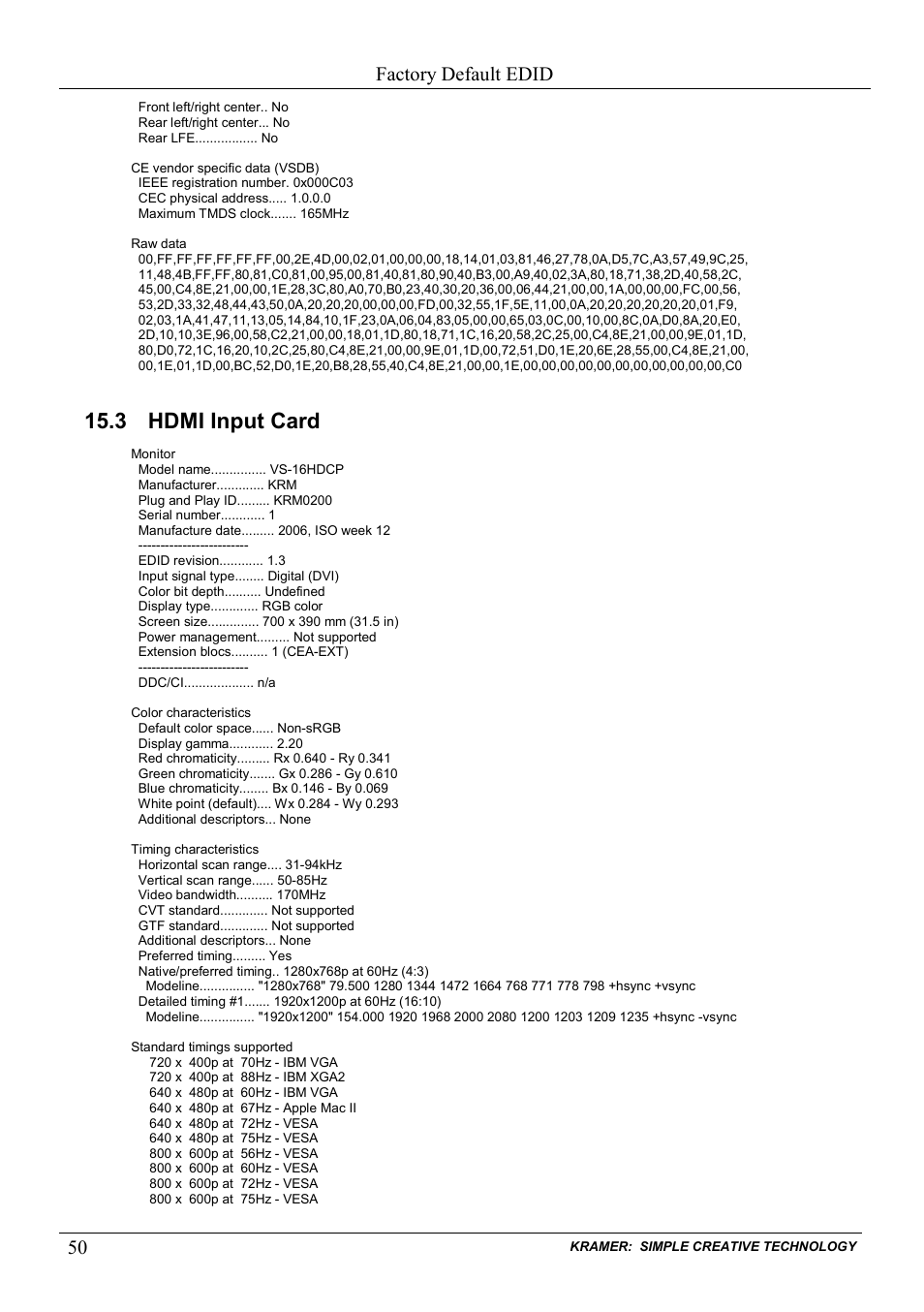 3 hdmi input card, Hdmi input card, Factory default edid | Kramer Electronics VS-1616D User Manual | Page 54 / 70