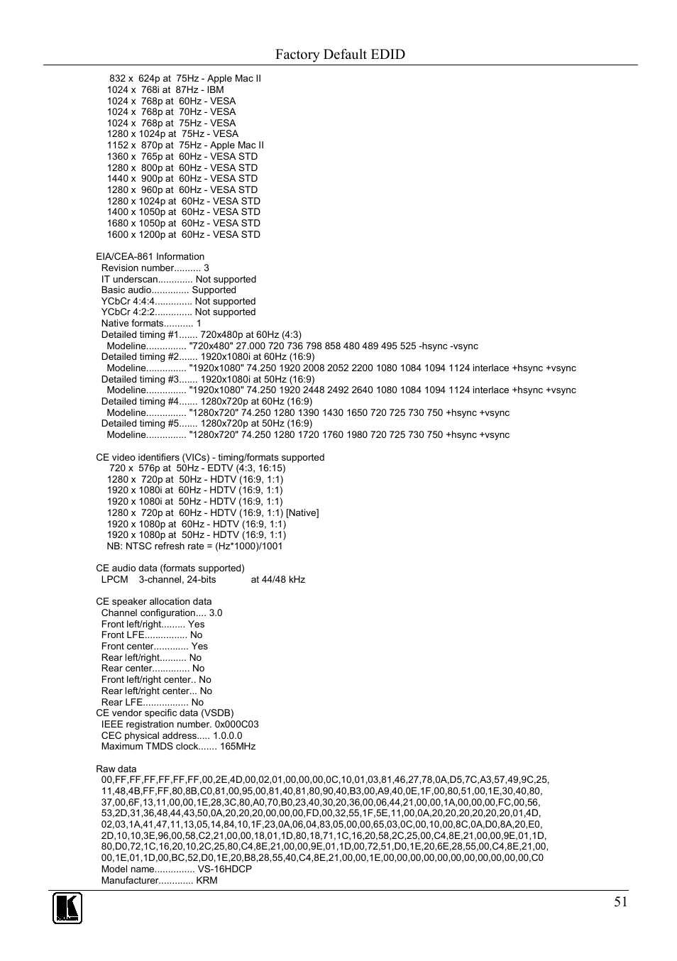 Factory default edid | Kramer Electronics VS-1616D User Manual | Page 55 / 70