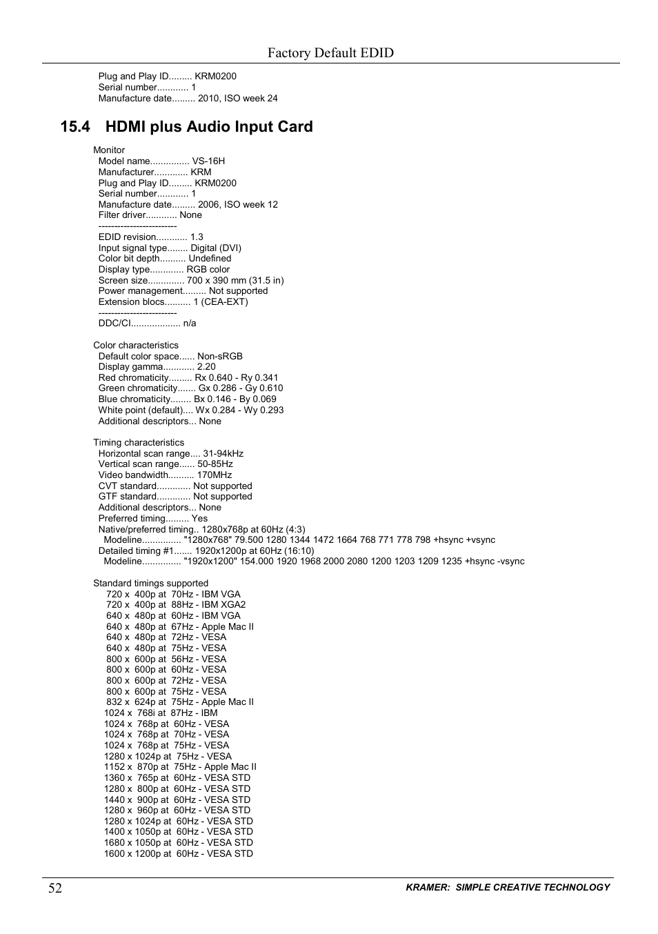 4 hdmi plus audio input card, Hdmi plus audio input card, Factory default edid | Kramer Electronics VS-1616D User Manual | Page 56 / 70