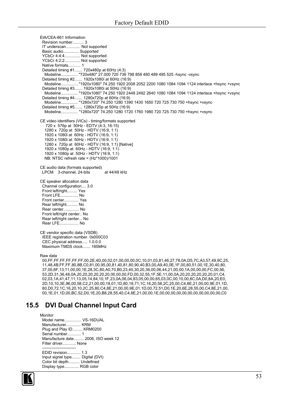 5 dvi dual channel input card, Dvi dual channel input card, Factory default edid | Kramer Electronics VS-1616D User Manual | Page 57 / 70