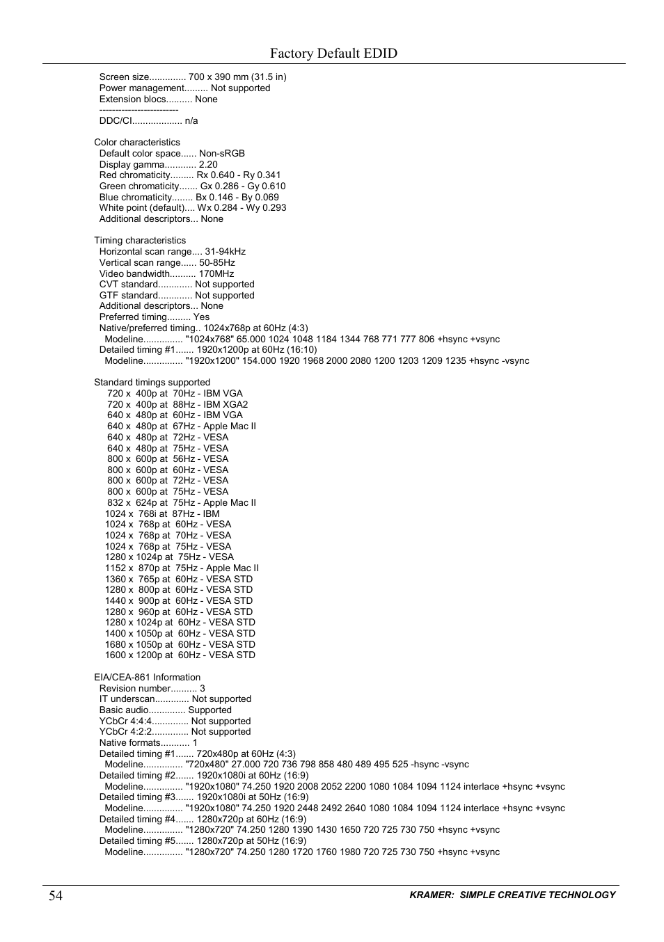 Factory default edid | Kramer Electronics VS-1616D User Manual | Page 58 / 70