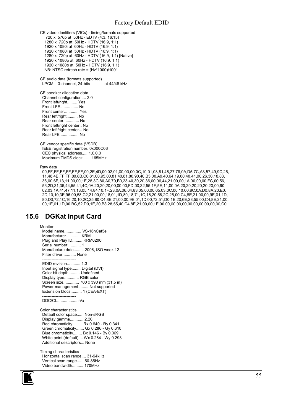 6 dgkat input card, Dgkat input card, Factory default edid | Kramer Electronics VS-1616D User Manual | Page 59 / 70