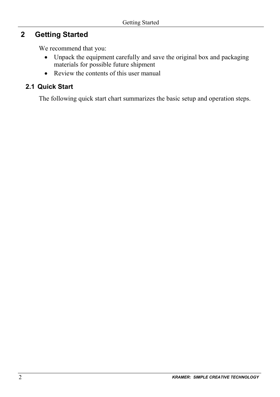 2 getting started, 1 quick start, Getting started | Quick start | Kramer Electronics VS-1616D User Manual | Page 6 / 70