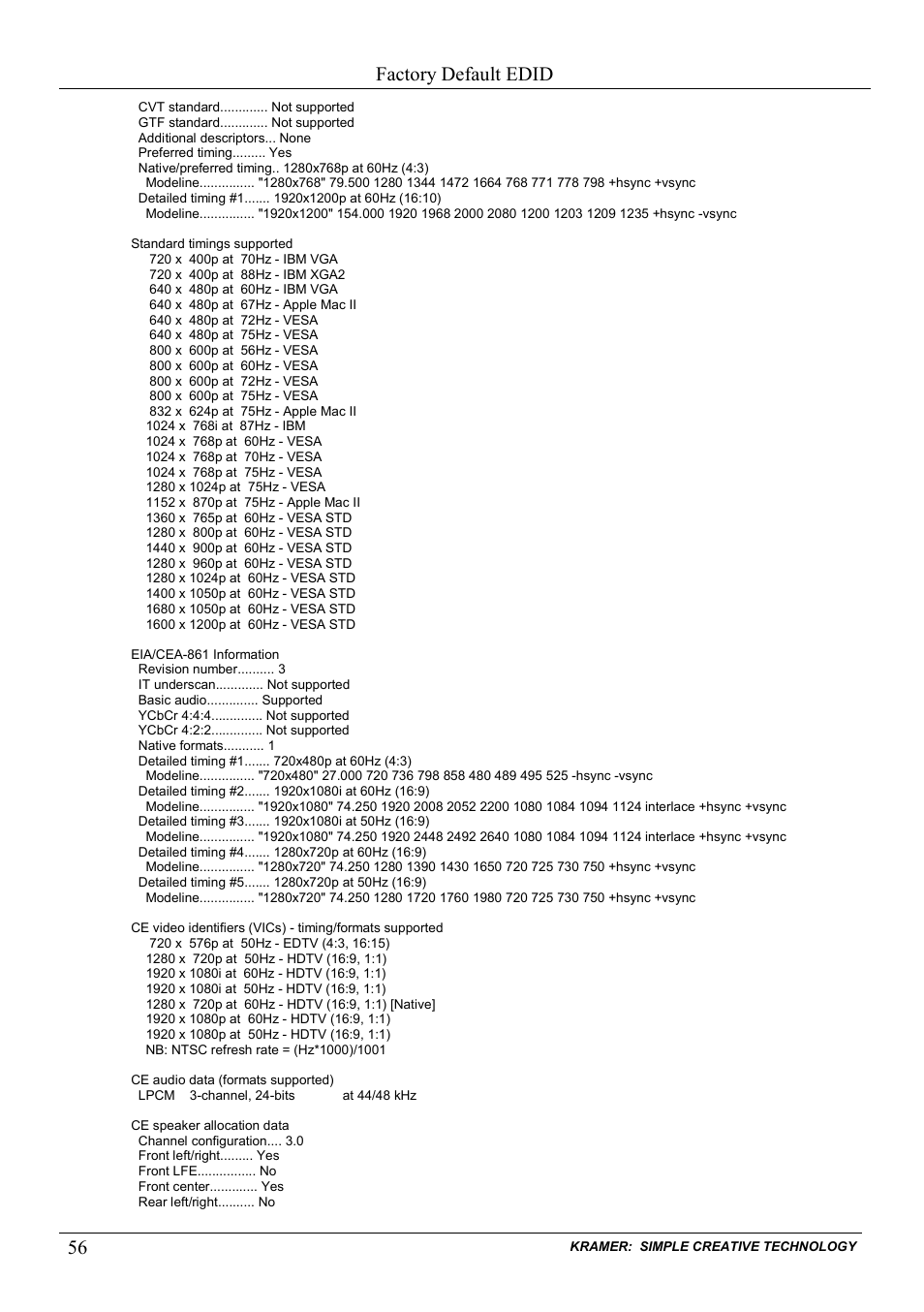 Factory default edid | Kramer Electronics VS-1616D User Manual | Page 60 / 70