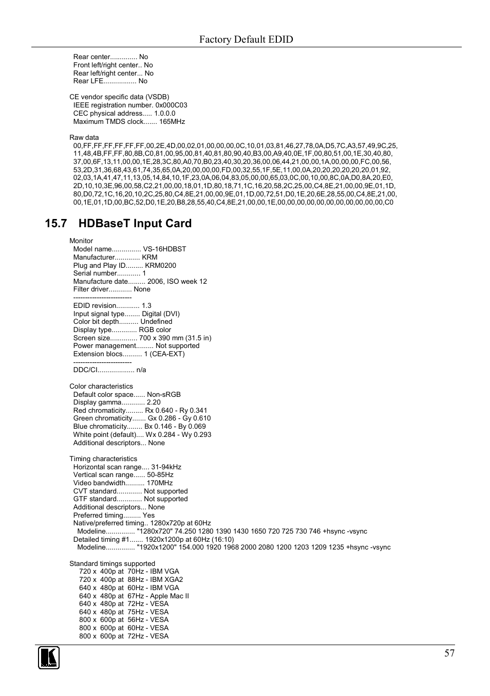 7 hdbaset input card, Hdbaset input card, Factory default edid | Kramer Electronics VS-1616D User Manual | Page 61 / 70