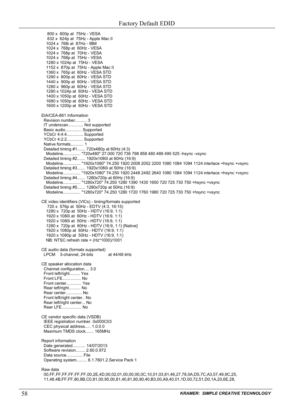 Factory default edid | Kramer Electronics VS-1616D User Manual | Page 62 / 70
