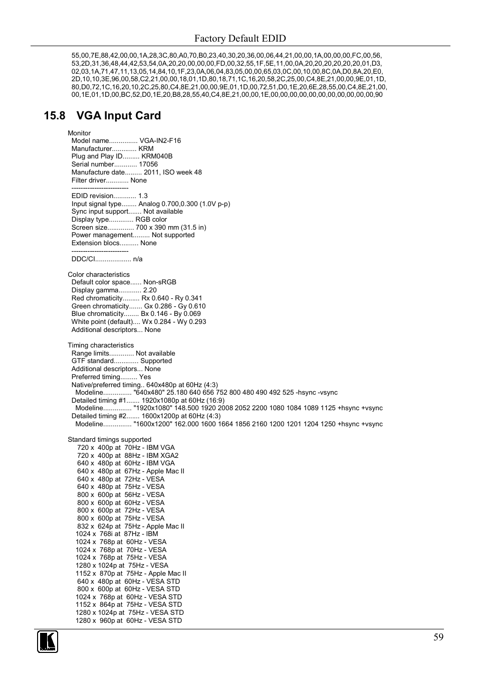 8 vga input card, Vga input card, Factory default edid | Kramer Electronics VS-1616D User Manual | Page 63 / 70