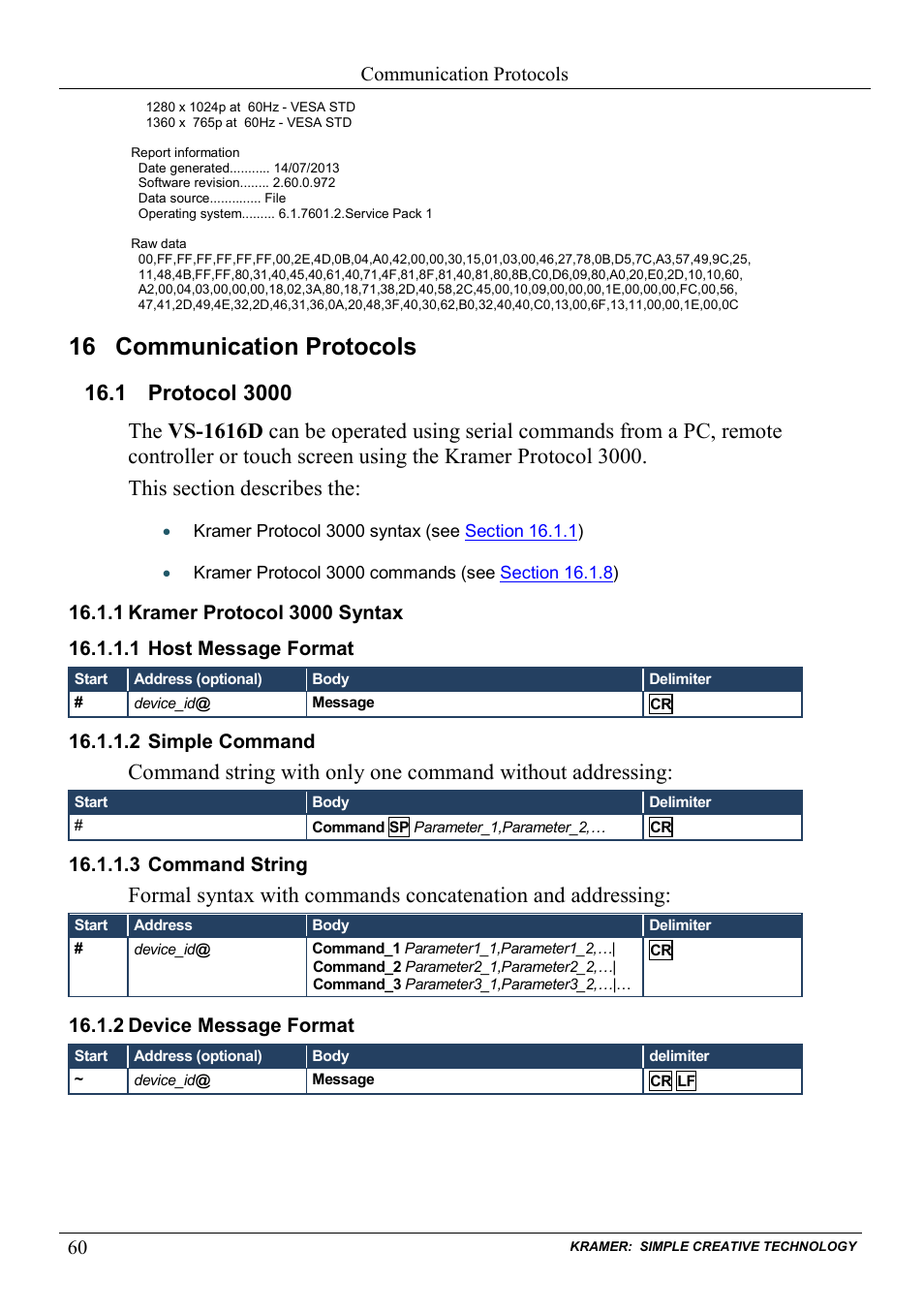 16 communication protocols, 1 protocol 3000, 1 kramer protocol 3000 syntax | 1 host message format, 2 simple command, 3 command string, 2 device message format, Communication protocols, Protocol 3000, Kramer protocol 3000 syntax | Kramer Electronics VS-1616D User Manual | Page 64 / 70