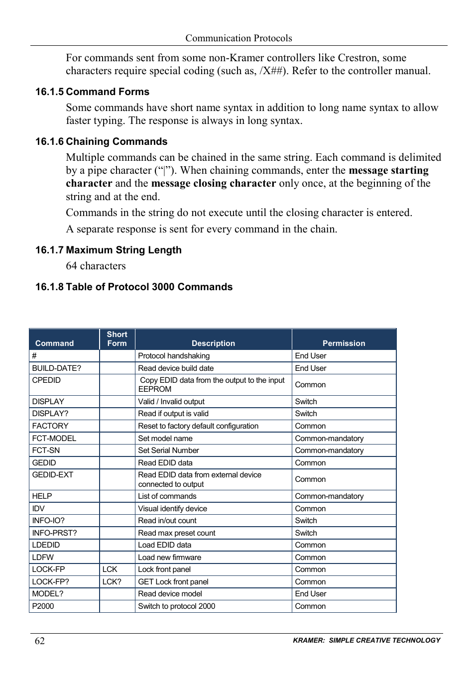 5 command forms, 6 chaining commands, 7 maximum string length | 8 table of protocol 3000 commands, Command forms, Chaining commands, Maximum string length, Table of protocol 3000 commands, 64 characters, Communication protocols | Kramer Electronics VS-1616D User Manual | Page 66 / 70