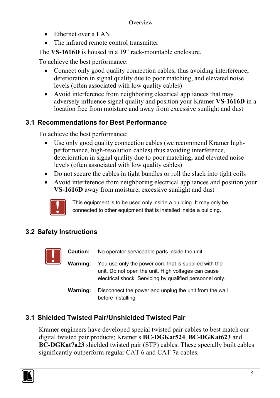 1 recommendations for best performance, 2 safety instructions, 1 shielded twisted pair/unshielded twisted pair | Recommendations for best performance, Safety instructions, Shielded twisted pair/unshielded twisted pair | Kramer Electronics VS-1616D User Manual | Page 9 / 70