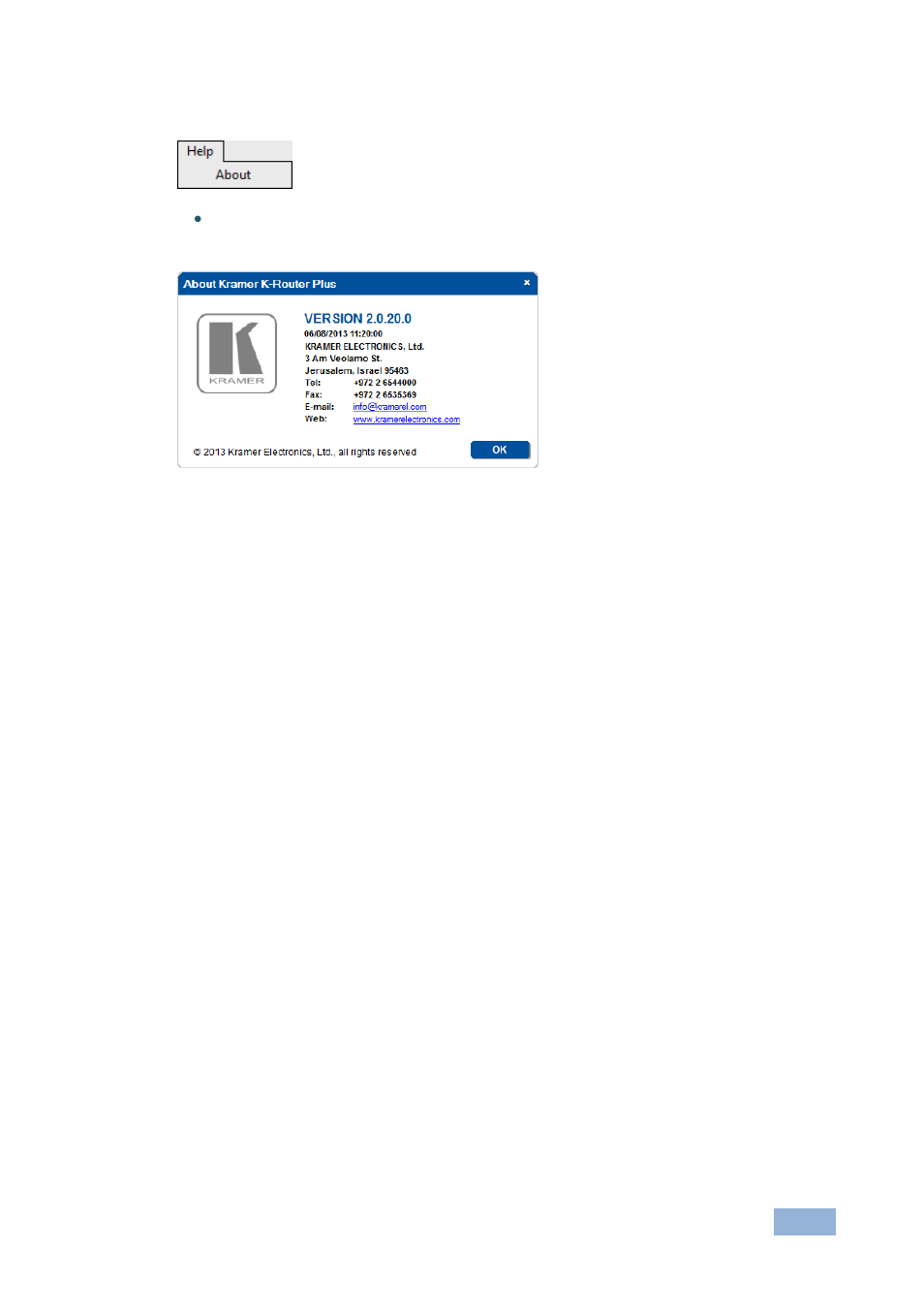 8 using the help menu, Using the help menu, Figure 15: about window | Kramer Electronics VS-88HN User Manual | Page 25 / 25