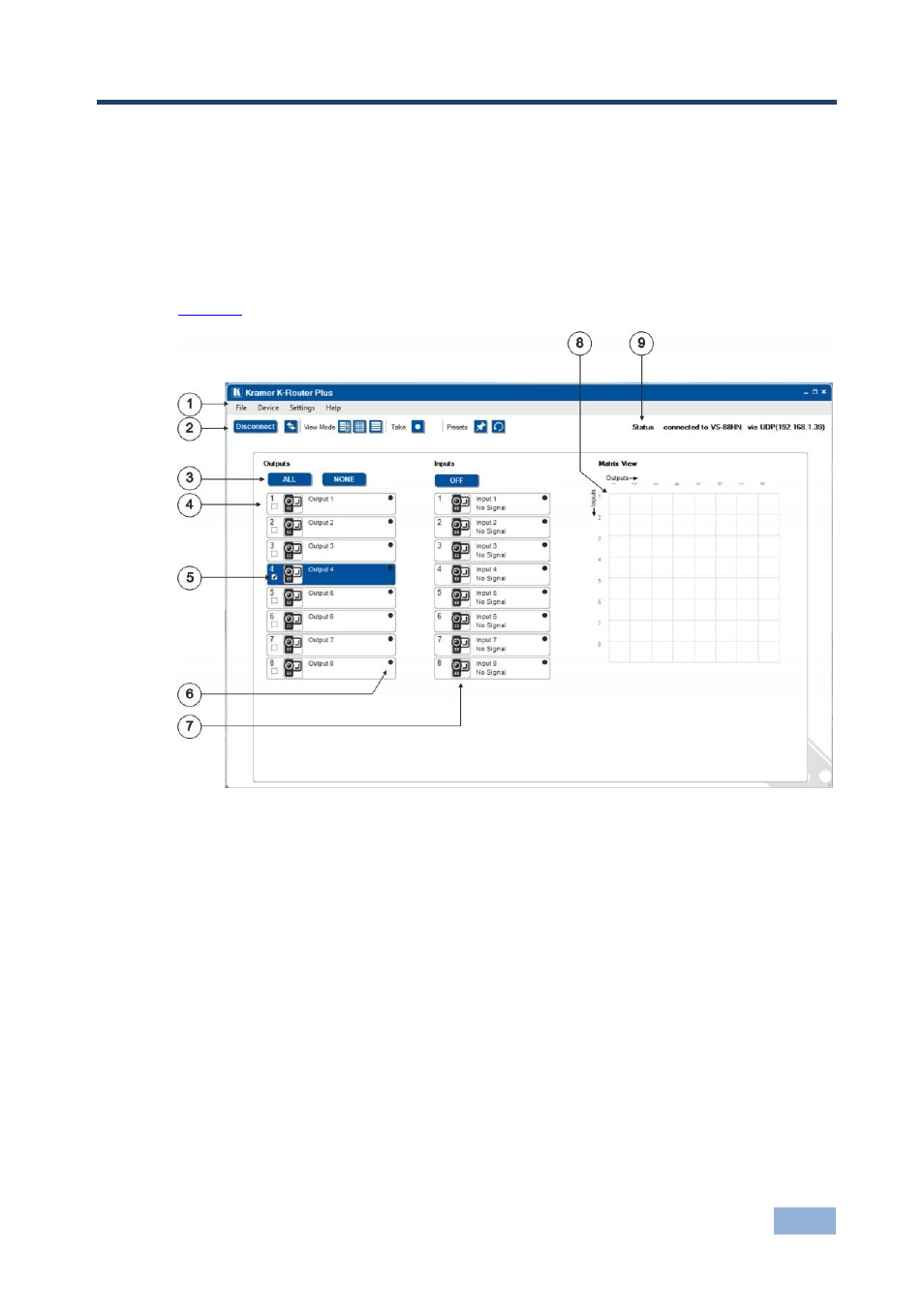 3 defining k-router plus, Defining k-router plus, Figure 1: k-router plus main screen | 3defining k-router plus | Kramer Electronics VS-88HN User Manual | Page 5 / 25
