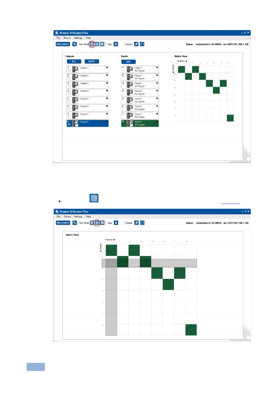 Figure 2: dual mode view, Figure 3: matrix mode view, Figure 2 | Kramer Electronics VS-88HN User Manual | Page 8 / 25