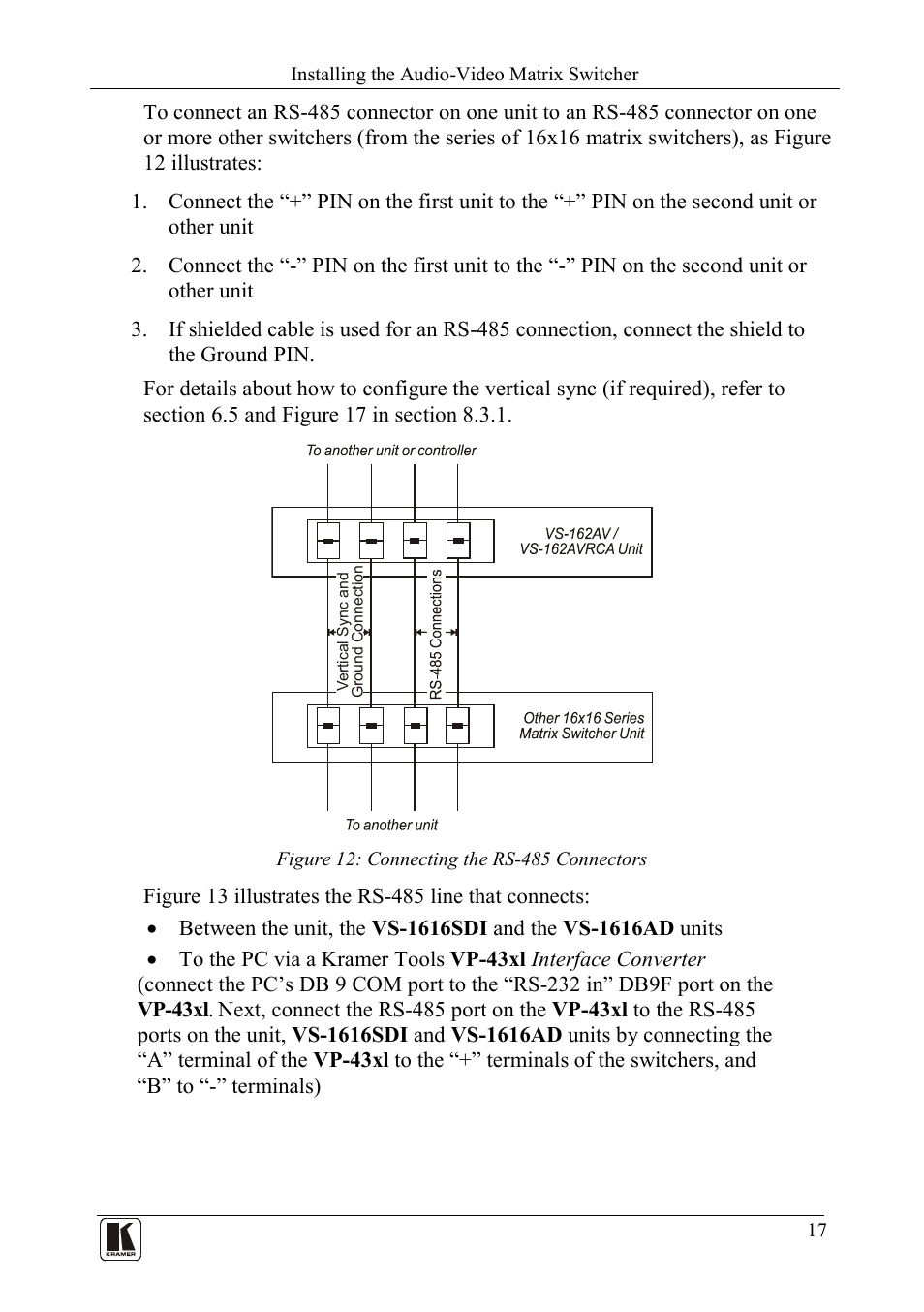 Figure 12: connecting the rs-485 connectors | Kramer Electronics VS-162AVRCA User Manual | Page 21 / 53