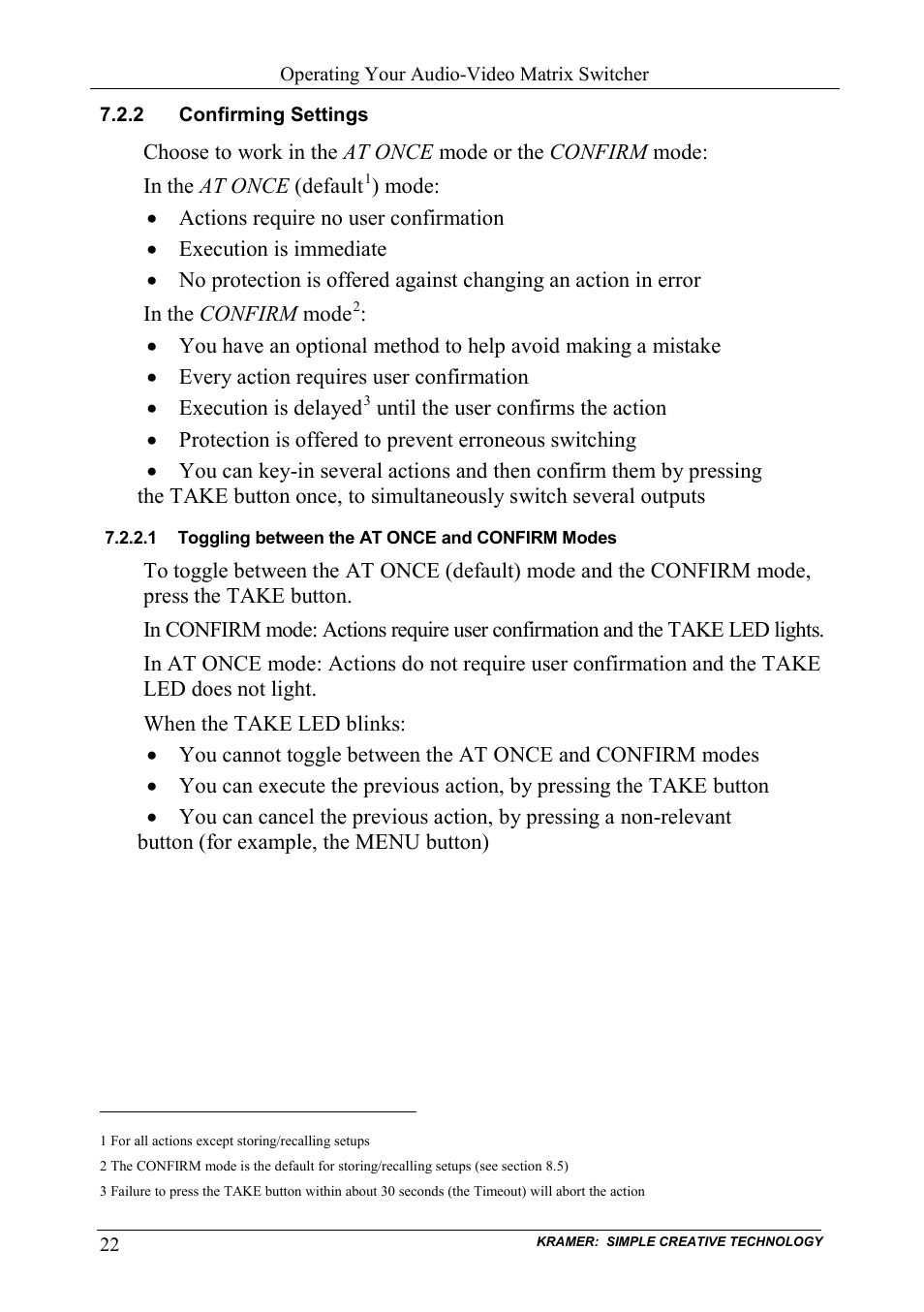 2 confirming settings, 1 toggling between the at once and confirm modes, Confirming settings | Toggling between the at once and confirm modes | Kramer Electronics VS-162AVRCA User Manual | Page 26 / 53