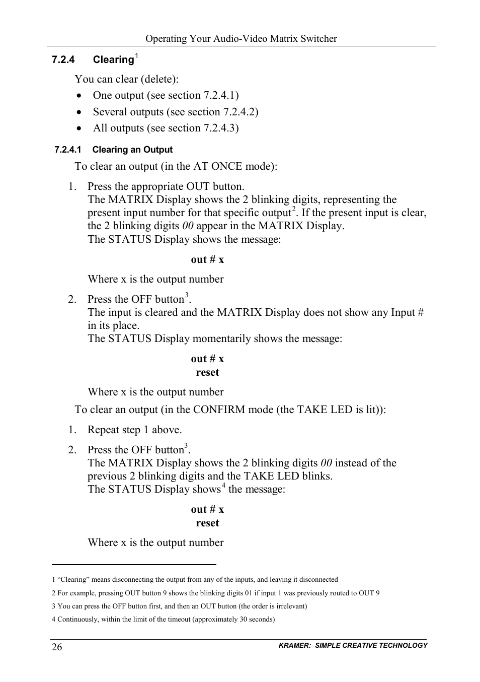 4 clearing, 1 clearing an output, Clearing | Clearing an output | Kramer Electronics VS-162AVRCA User Manual | Page 30 / 53