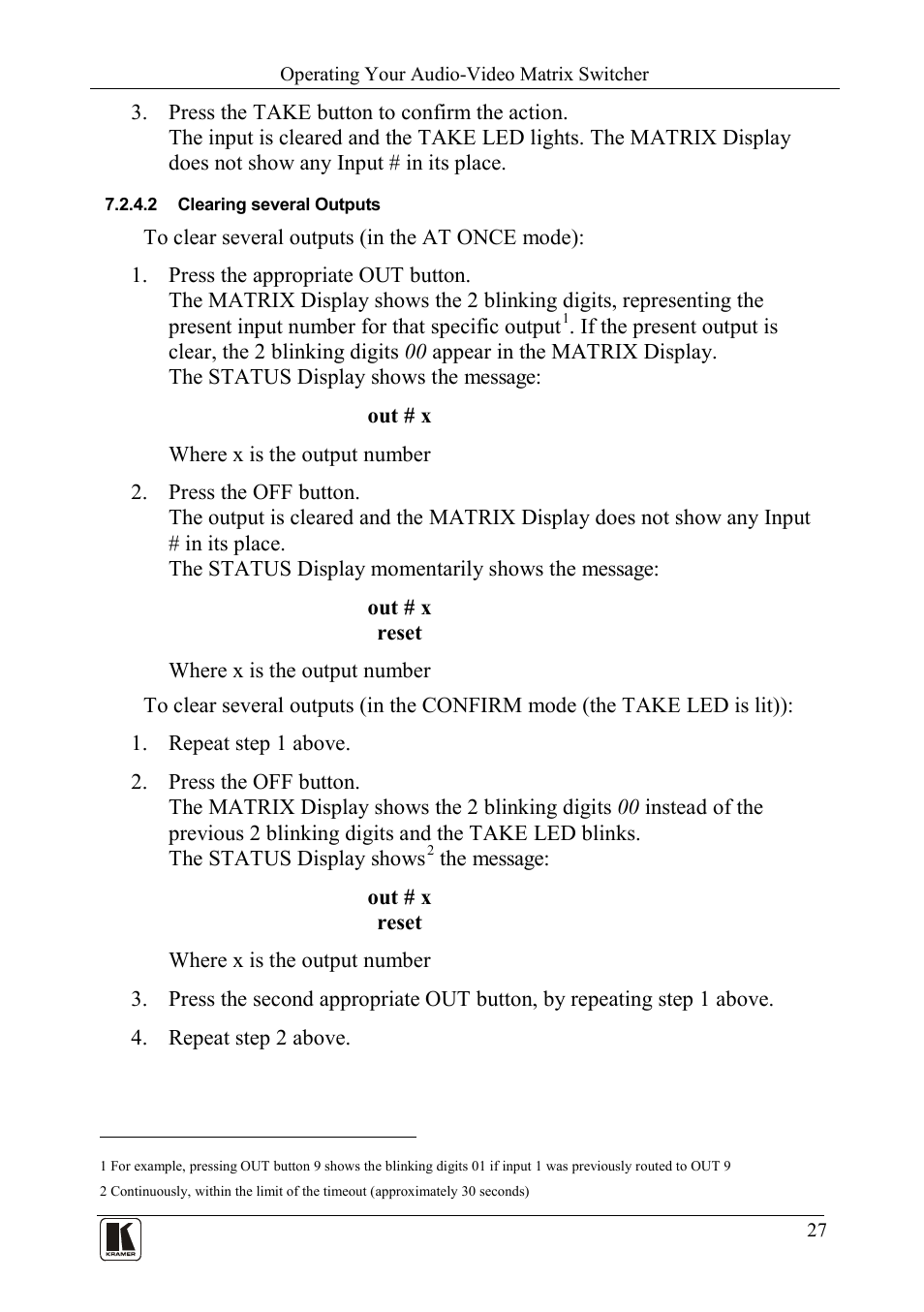 2 clearing several outputs, Clearing several outputs | Kramer Electronics VS-162AVRCA User Manual | Page 31 / 53