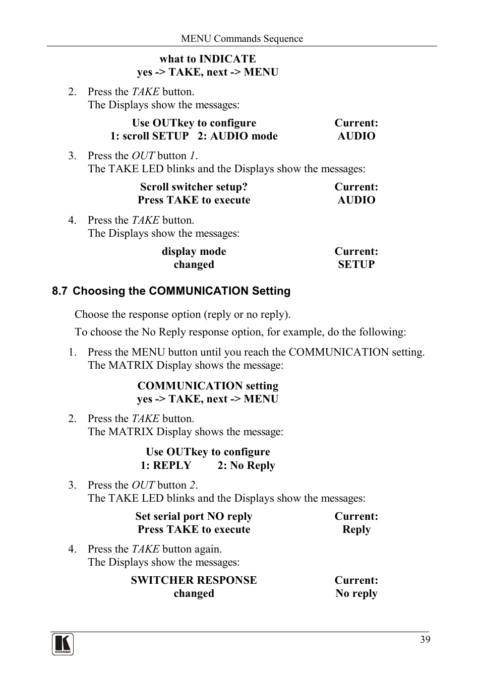 7 choosing the communication setting, Choosing the communication setting | Kramer Electronics VS-162AVRCA User Manual | Page 43 / 53