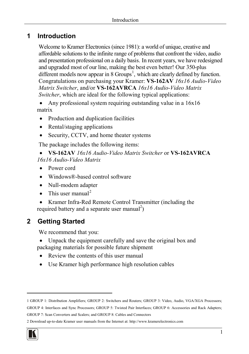 1 introduction, 2 getting started, Introduction | Getting started | Kramer Electronics VS-162AVRCA User Manual | Page 5 / 53