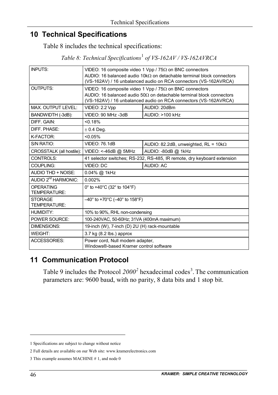 10 technical specifications, 11 communication protocol, Technical specifications | Communication protocol, Table 8 includes the technical specifications, Hexadecimal codes, Table 8: technical specifications | Kramer Electronics VS-162AVRCA User Manual | Page 50 / 53