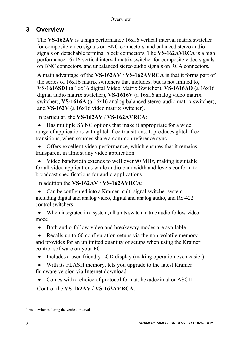 3 overview, Overview | Kramer Electronics VS-162AVRCA User Manual | Page 6 / 53