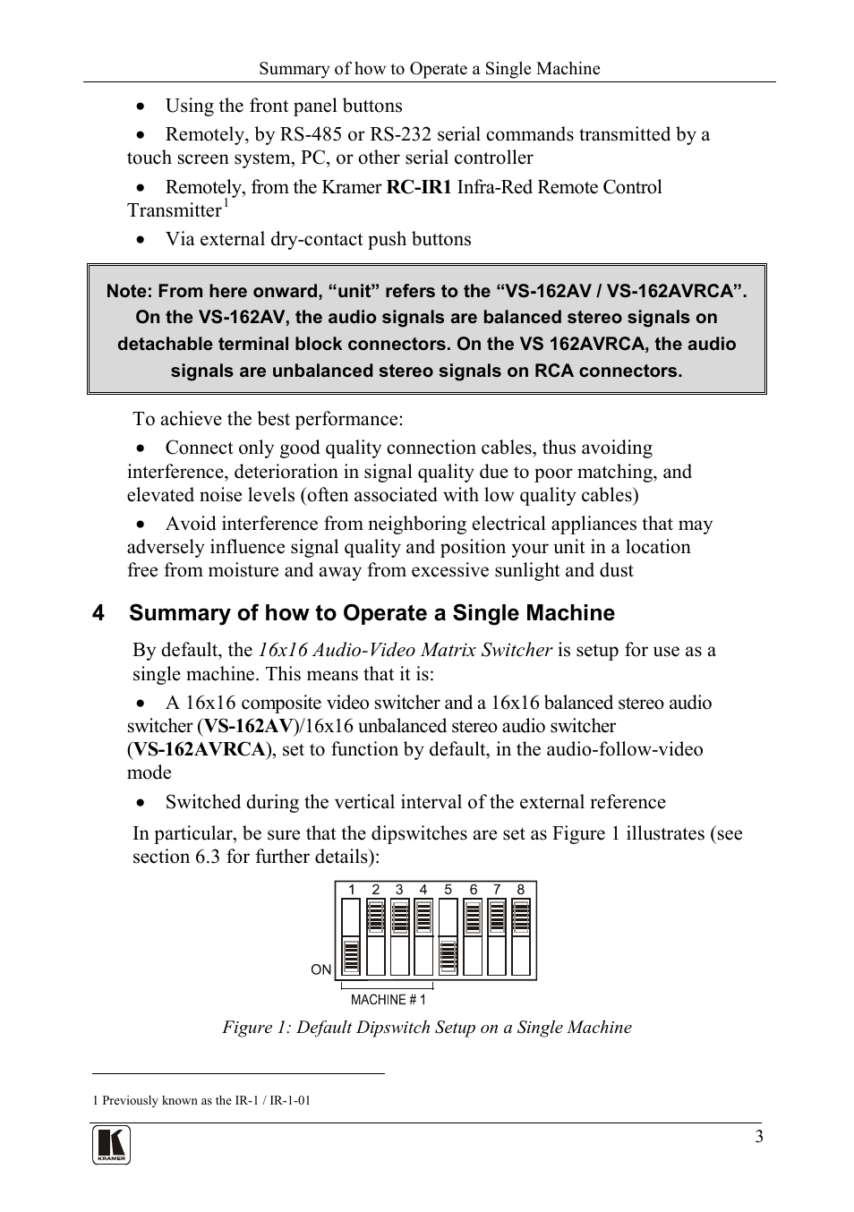 4 summary of how to operate a single machine, Summary of how to operate a single machine | Kramer Electronics VS-162AVRCA User Manual | Page 7 / 53